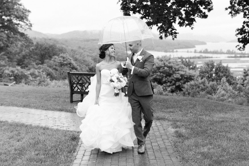 Black and White Bride and Groom Holding Umbrella