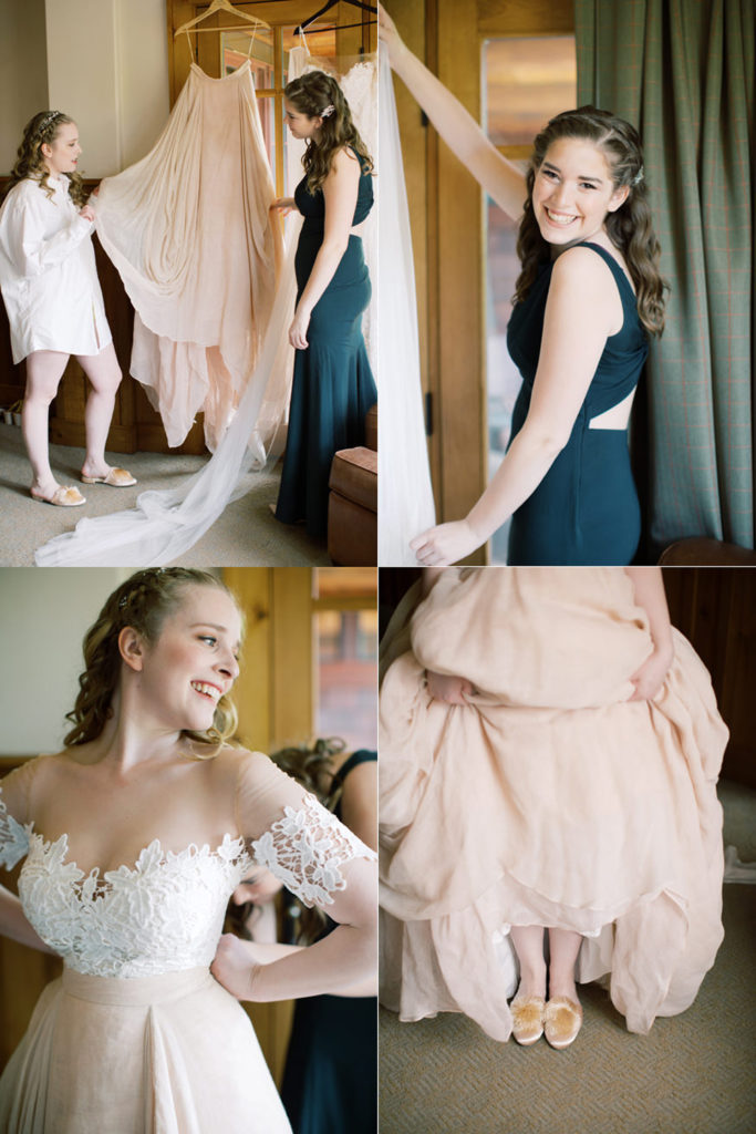 bride getting ready in lovers society dress and carol hannah skirt with birdies shoes | Mary Dougherty
