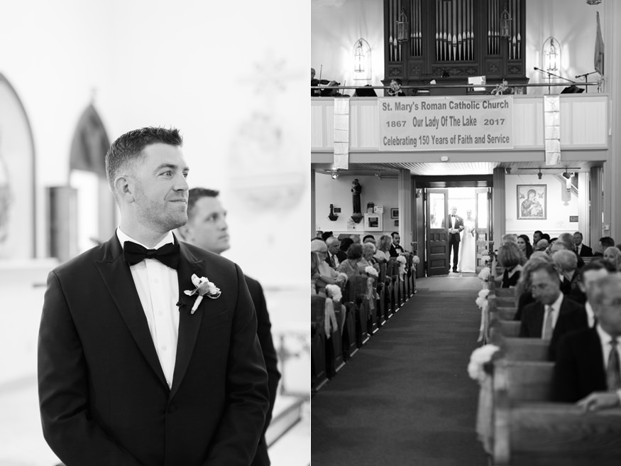 groom at St. Mary's Church watching bride walk down the aisle
