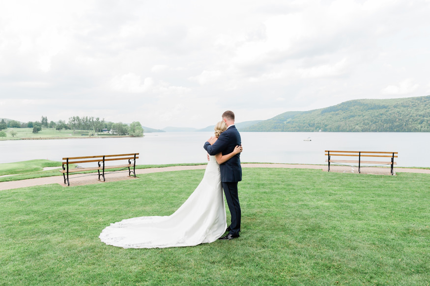 Bride and Groom in front of Lake Otsego