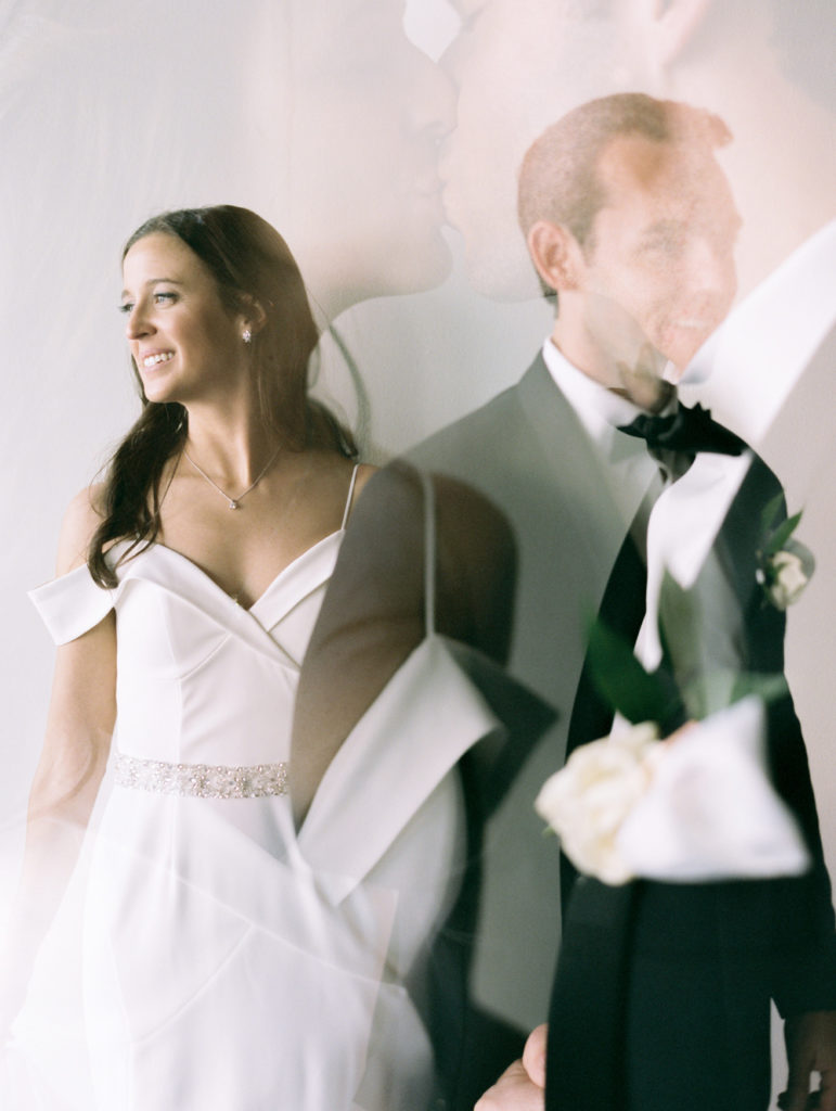 double exposure of bride groom looking away by Mary Dougherty New York Film Photographer