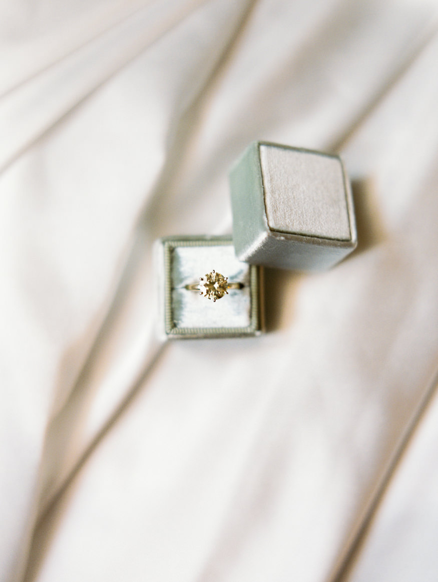 simple ring portrait solitaire diamond velvet ring box modern estate wedding | Mary Dougherty