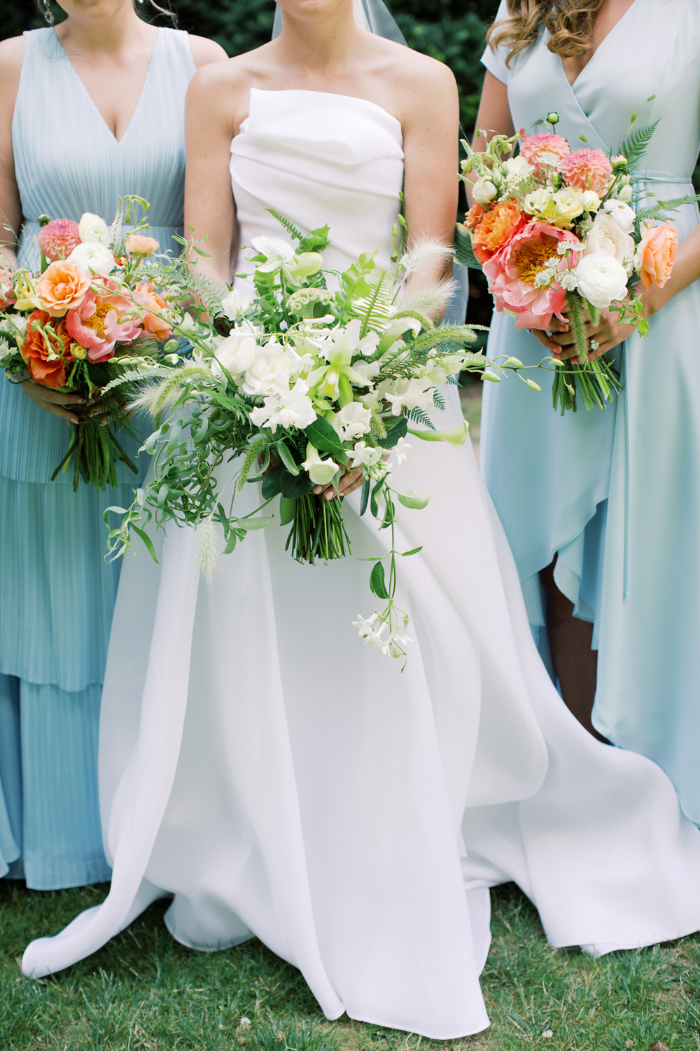wedding bouquets with peonies and roses and blue dresses with organic natural design by Arenas | Mary Dougherty