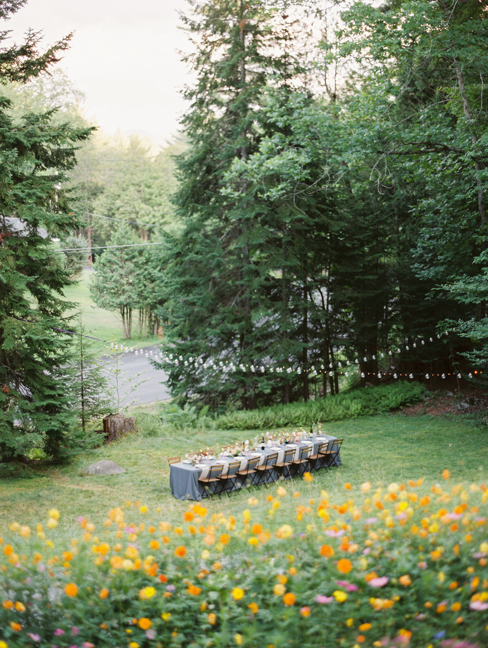 Front yard with wildflowers and table set for wedding dinner of 16 in the Adirondack mountains | Mary Dougherty Workshop Saranac Lake New York