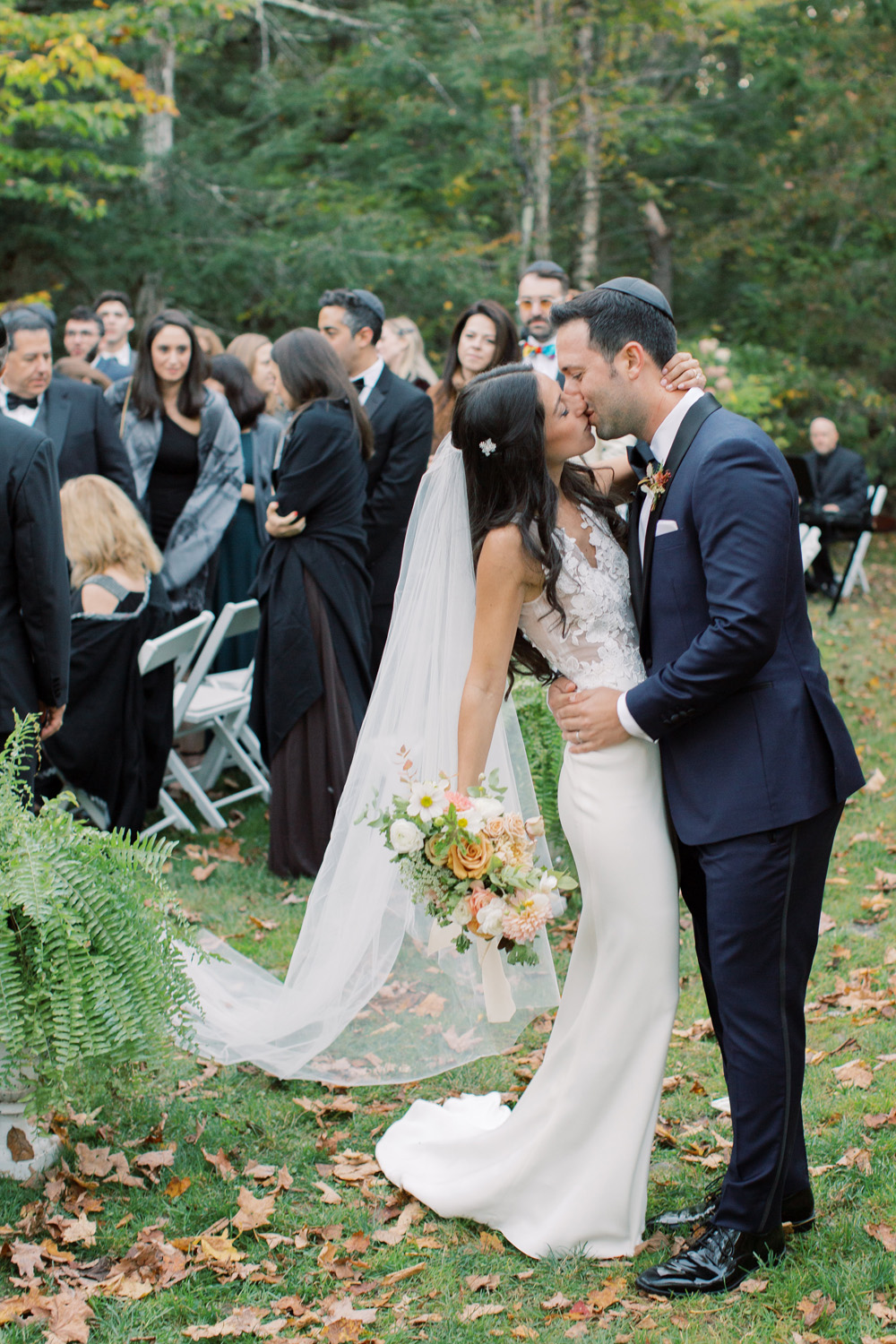 Bride and Groom Kiss Ceremony at Full Moon Resort Catskills Wedding by Mary Dougherty Photography