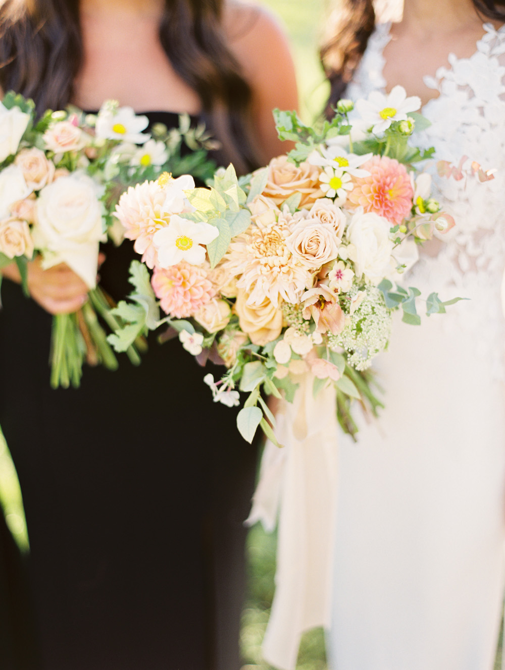 Bridal Bouquet with bridesmaid in soft peachy tones and blush with coral accents by Hops Petunia | Mary Dougherty Photography