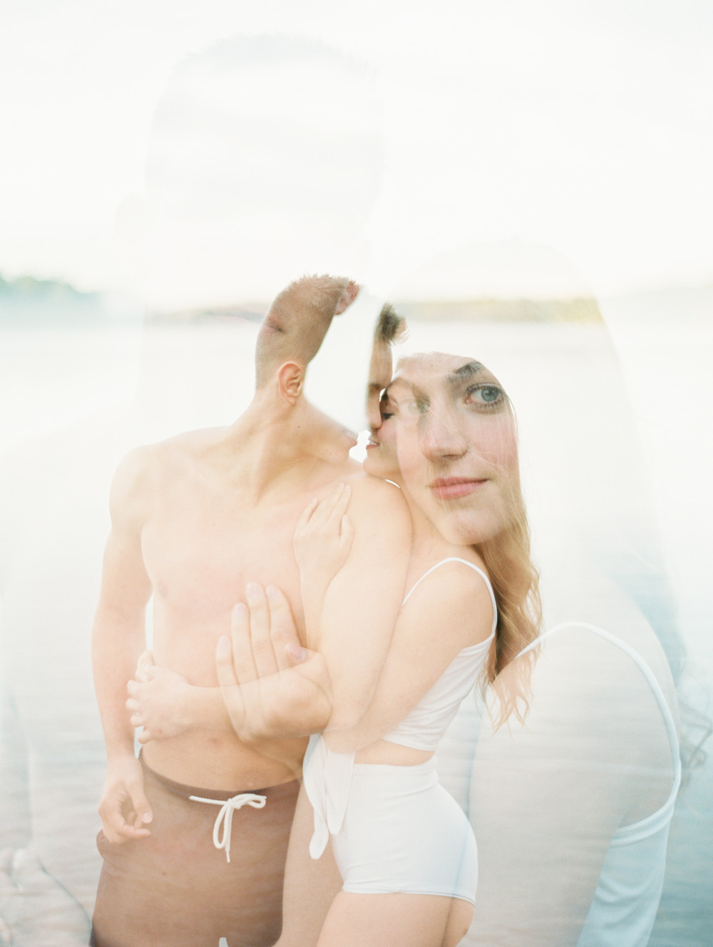 double exposure of couple on film in bathing suits on honeymoon in Adirondacks the Find Lab Fuji 400h Mary Dougherty Photography
