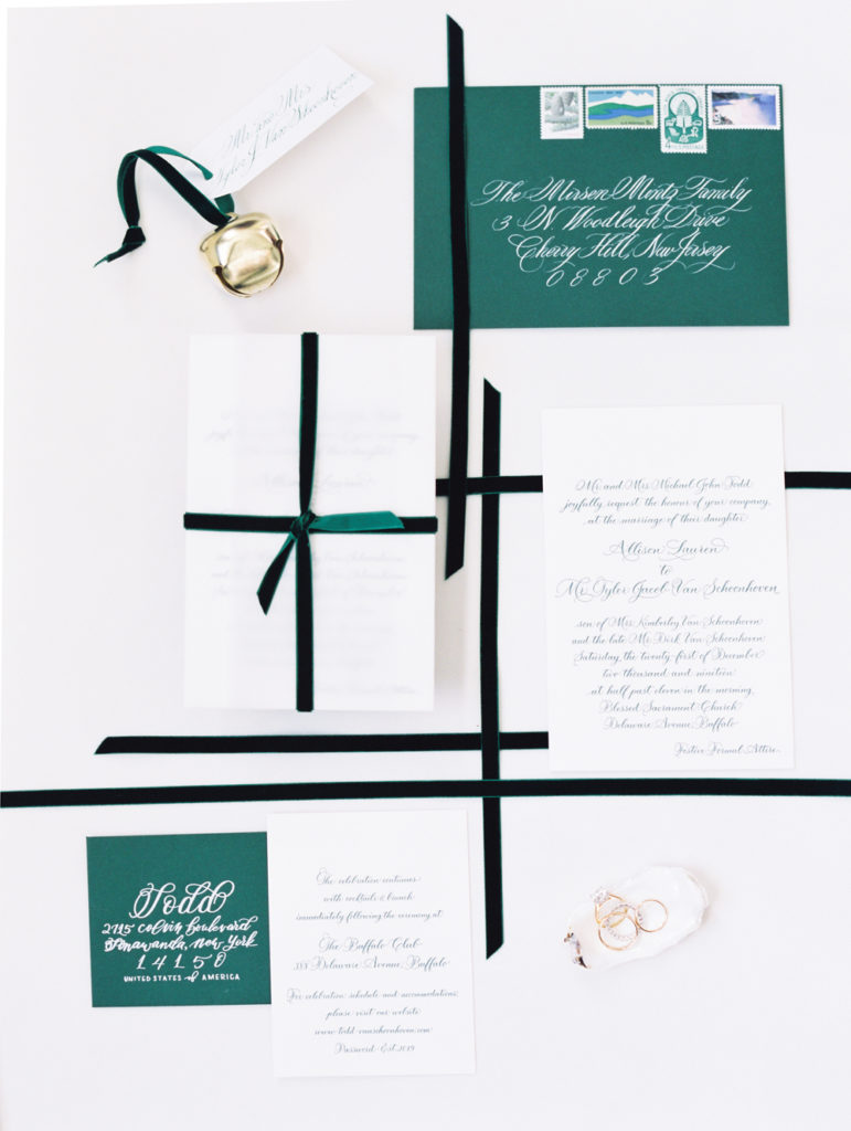Christmas brunch wedding custom wedding invitation suite with letterpress and calligraphy Mary Dougherty Photography