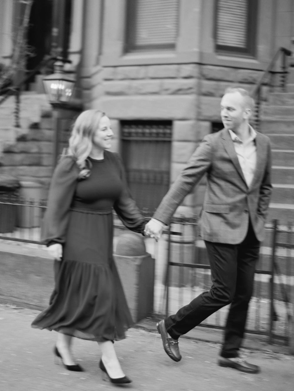 bw image couple walking prospect heights brooklyn engagement session photos by Mary Dougherty