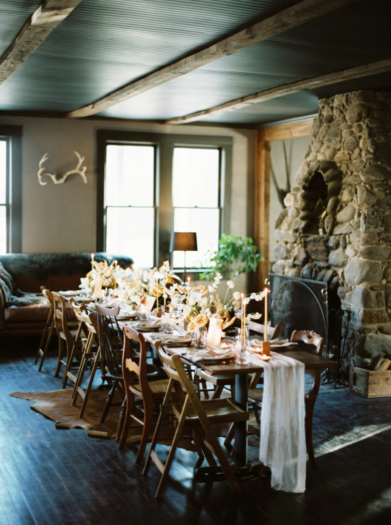 Winter wedding tablescape inside Foxfire Mountain house photo by Mary Dougherty