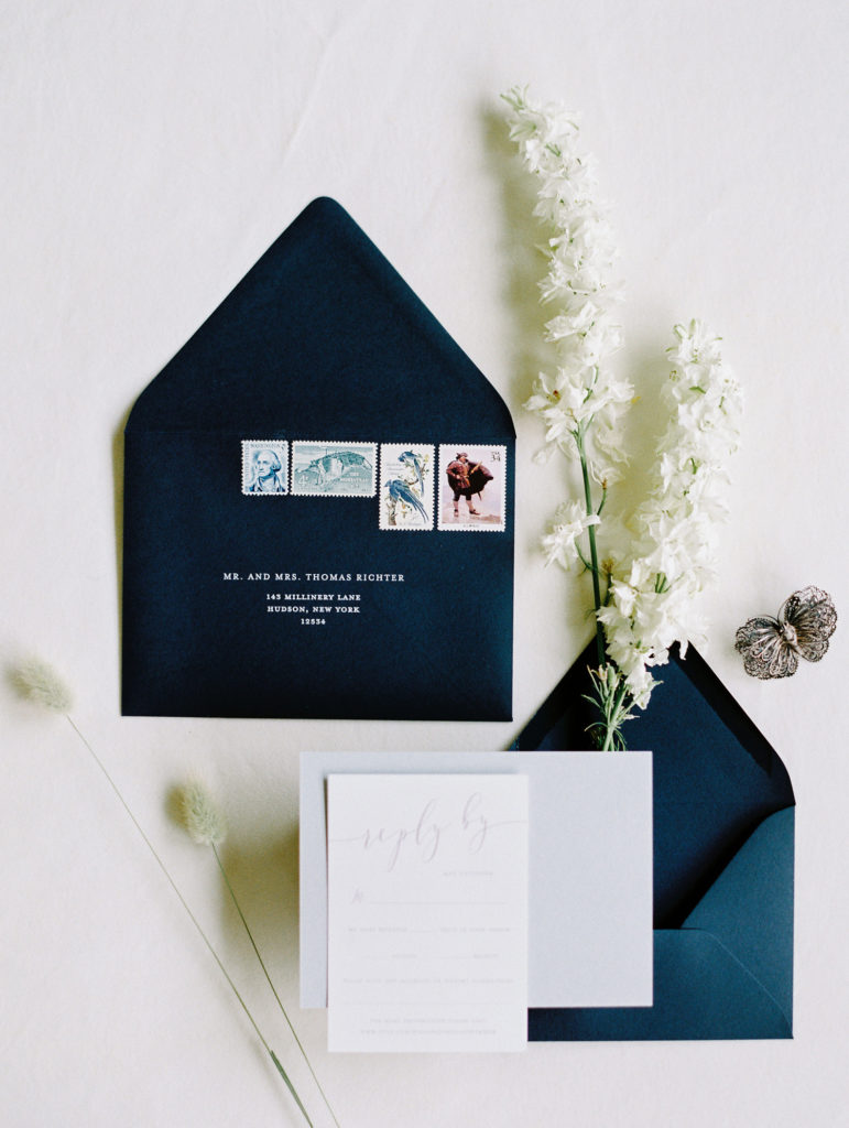 Navy and white wedding invitation suite
