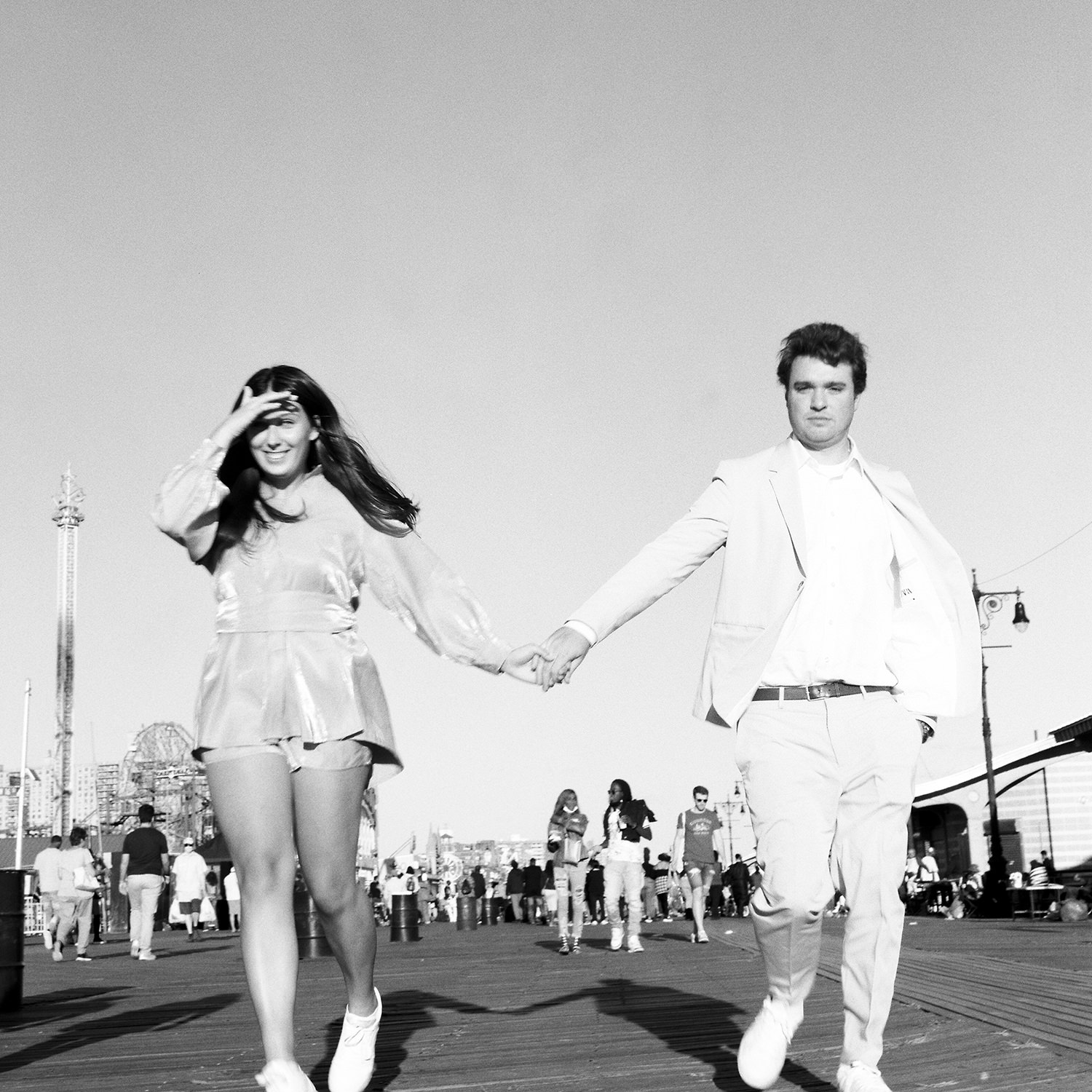 Black and White film photo Coney island engagement